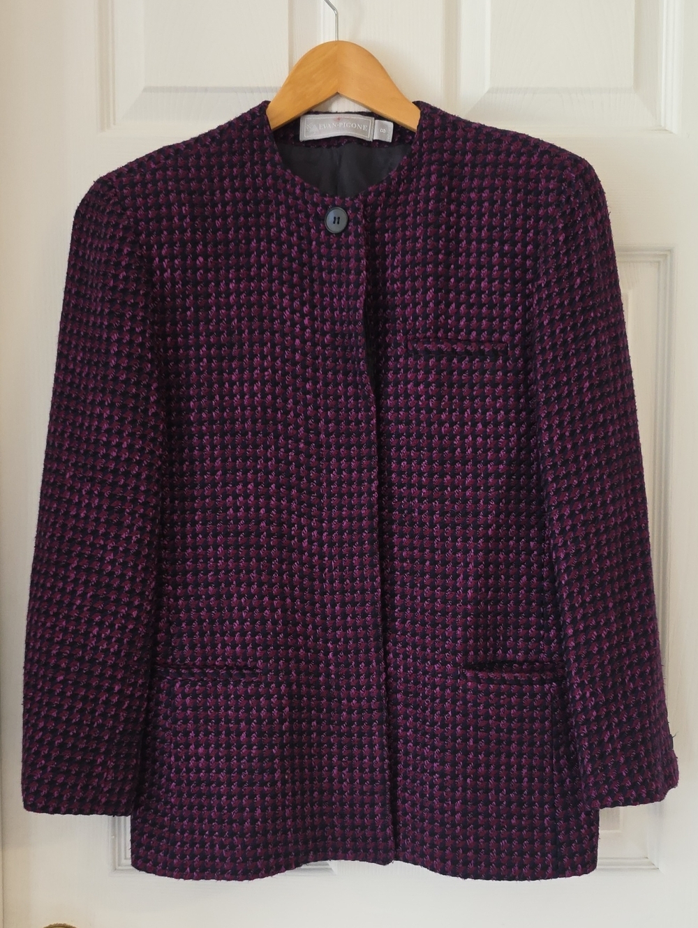 80s Evan Picone Union Made Purple Houndstooth Collarless Blazer Size 8